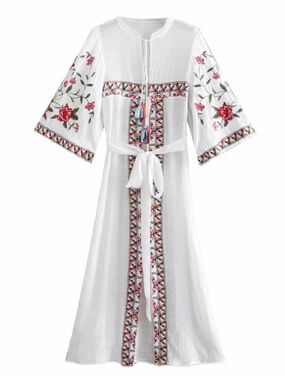 Zara Embroidered Belted Kimono Duster Boho Bohemian